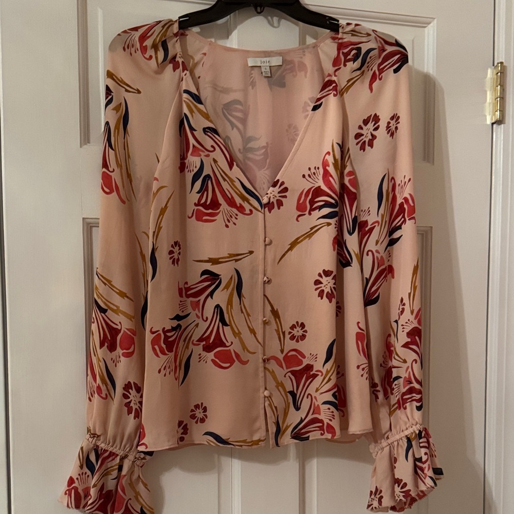 Joie Pink Floral Blouse with Ruffle Sleeves